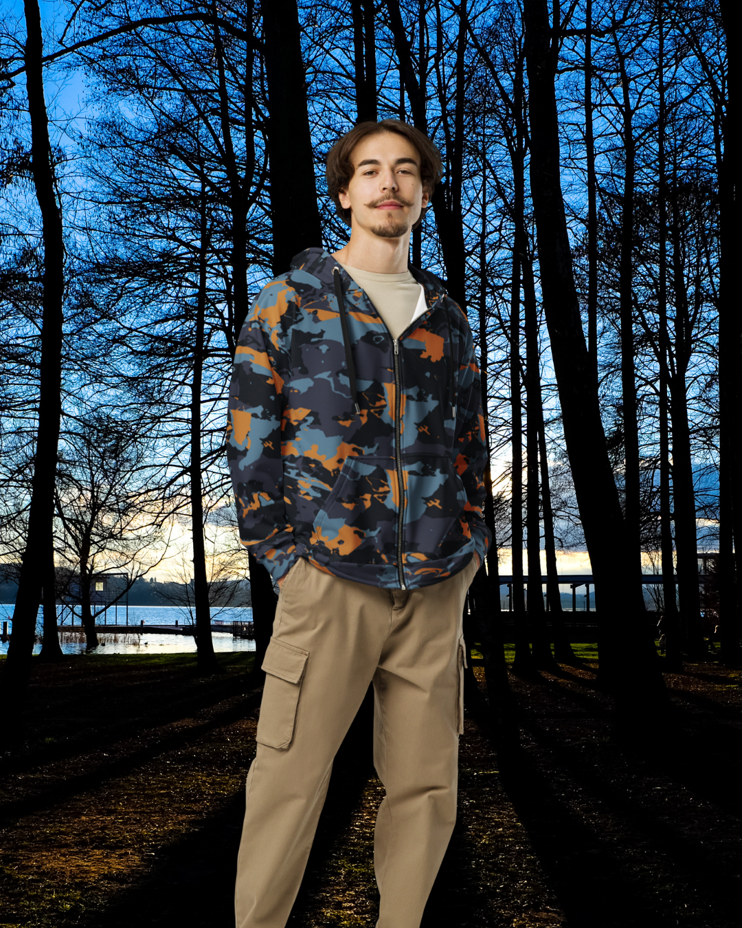 Camo Drawstring Zipper Hoodie w/ Pockets