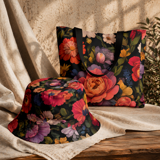 Florally Yours Bundle: Carmine Reversible Bucket Hat + Floral Accent Tote Bag