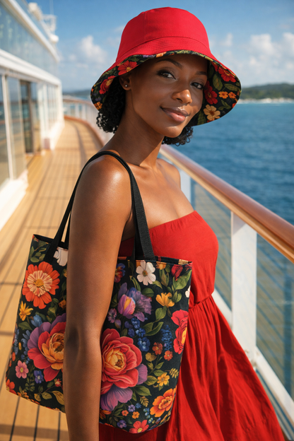 Florally Yours Bundle: Carmine Reversible Bucket Hat + Floral Accent Tote Bag