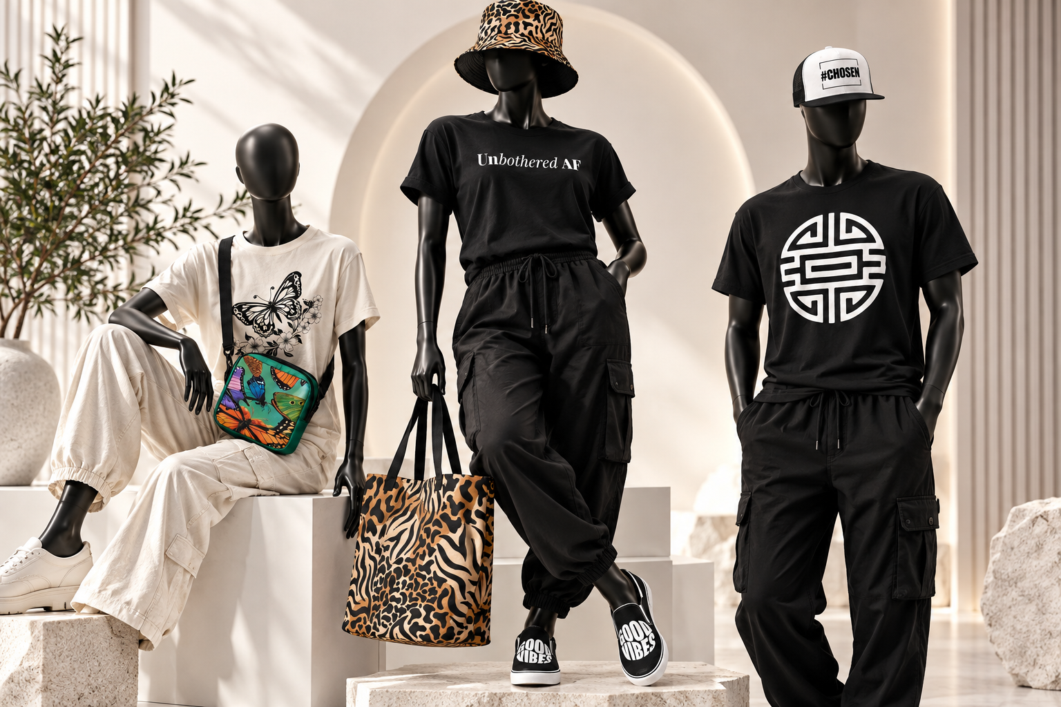 QADAR BEAU Culture editorial mannequin styling featuring statement apparel and accessories